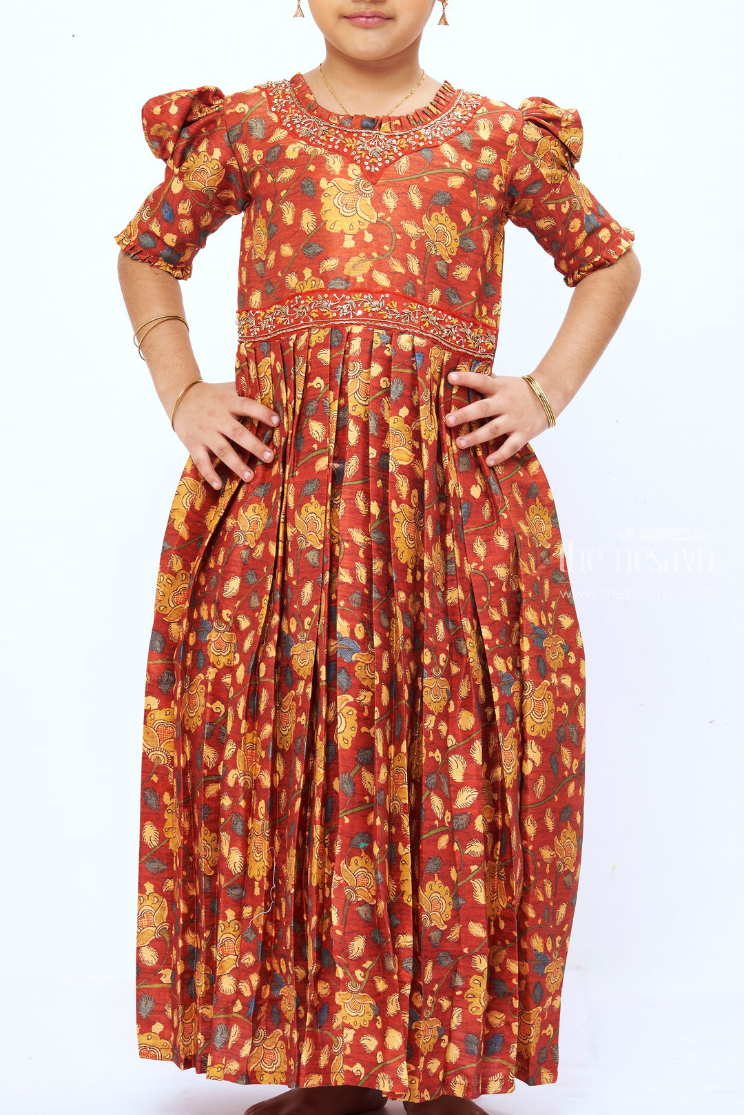 The Nesavu Girls Party Gown Girls Rustic Autumn Kalamkari Print Anarkali Dress with Embellished Accents Nesavu Traditional Kalamkari Anarkali Dress for Festive Girls' Wear | The Nesavu