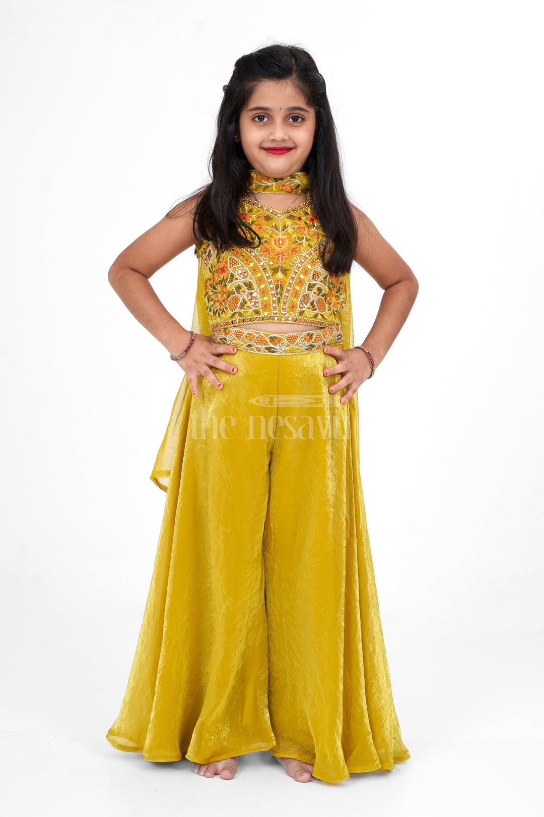 The Nesavu Girls Sharara / Plazo Set Girls Sharara Set for Women in Shimmer Organza with Vibrant Embellishments, Ideal for Family Gatherings and Festive Events Nesavu Stylish Girls Sharara Set Women Shimmer Organza Embellished Floral Details Nesavu Perfect Pongal Family Events