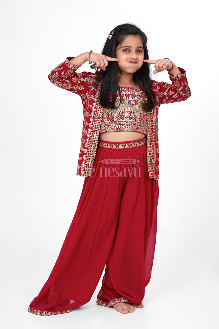 The Nesavu Girls Sharara / Plazo Set Girls Sharara Set in Georgette with Intricate Embroidery and Matching Jacket for Weddings Nesavu 18 (2Y) / Red GPS476A-18 Nesavu Girls Sharara Lehenga Set Georgette Embroidery Matching Jacket Weddings Celebrations