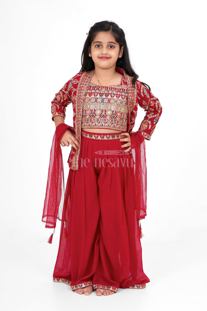 The Nesavu Girls Sharara / Plazo Set Girls Sharara Set in Georgette with Intricate Embroidery and Matching Jacket for Weddings Nesavu Nesavu Girls Sharara Lehenga Set Georgette Embroidery Matching Jacket Weddings Celebrations