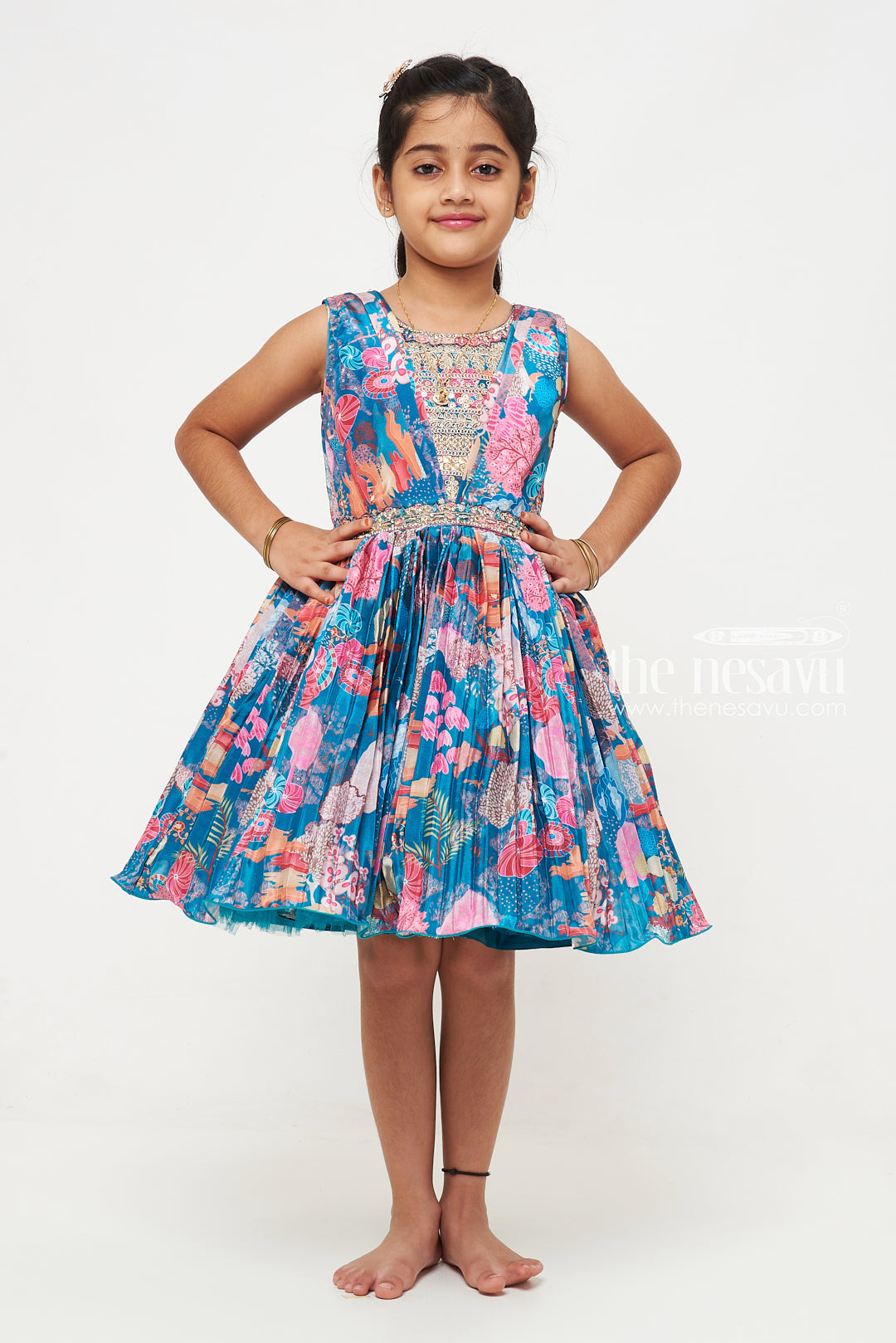 The Nesavu Silk Party Frock Girls Silk Blend Frock with Exquisite Embroidery and Vibrant Prints Nesavu Buy Girls Silk Frock Online | Embroidered Silk Blend Frocks for Girls | The Nesavu