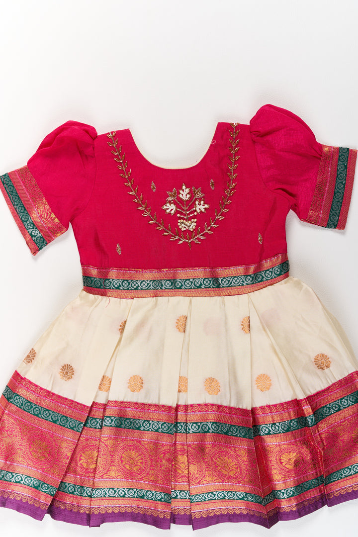 The Nesavu Silk Party Frock Girls Silk Cotton Frock with Red Embroidery and Golden Border Nesavu Nesavu Girls Silk Cotton Frock Embroidery Zari Border