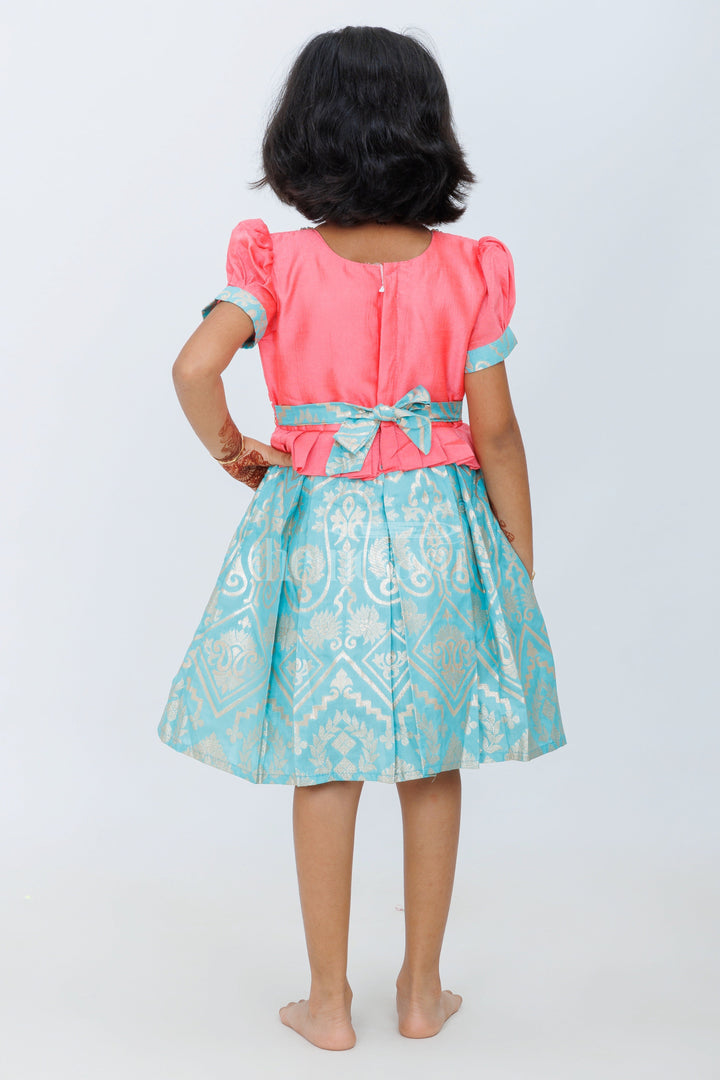 The Nesavu Silk Party Frock Girls Silk Party Frock in Pink and Green with Puff Sleeves and Brocade Skirt Nesavu Nesavu Girls Pink Green Silk Party Frock Puff Sleeves Brocade Skirt