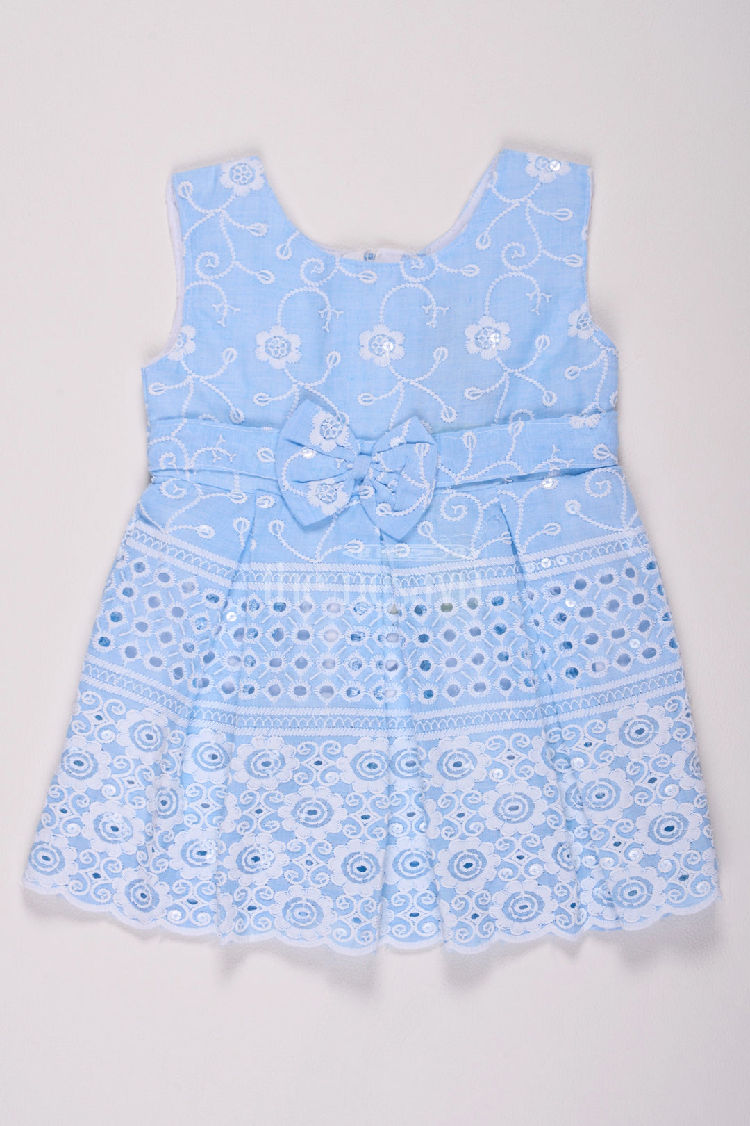 The Nesavu Baby Cotton Frocks Girls Sky Blue Cotton Embroidered Frock with Bow Detail for Special Occasions Nesavu 14 (6M) / Blue BFJ647B-14 Nesavu Girls Sky Blue Embroidered Cotton Dress Bow Family Gatherings Special Events