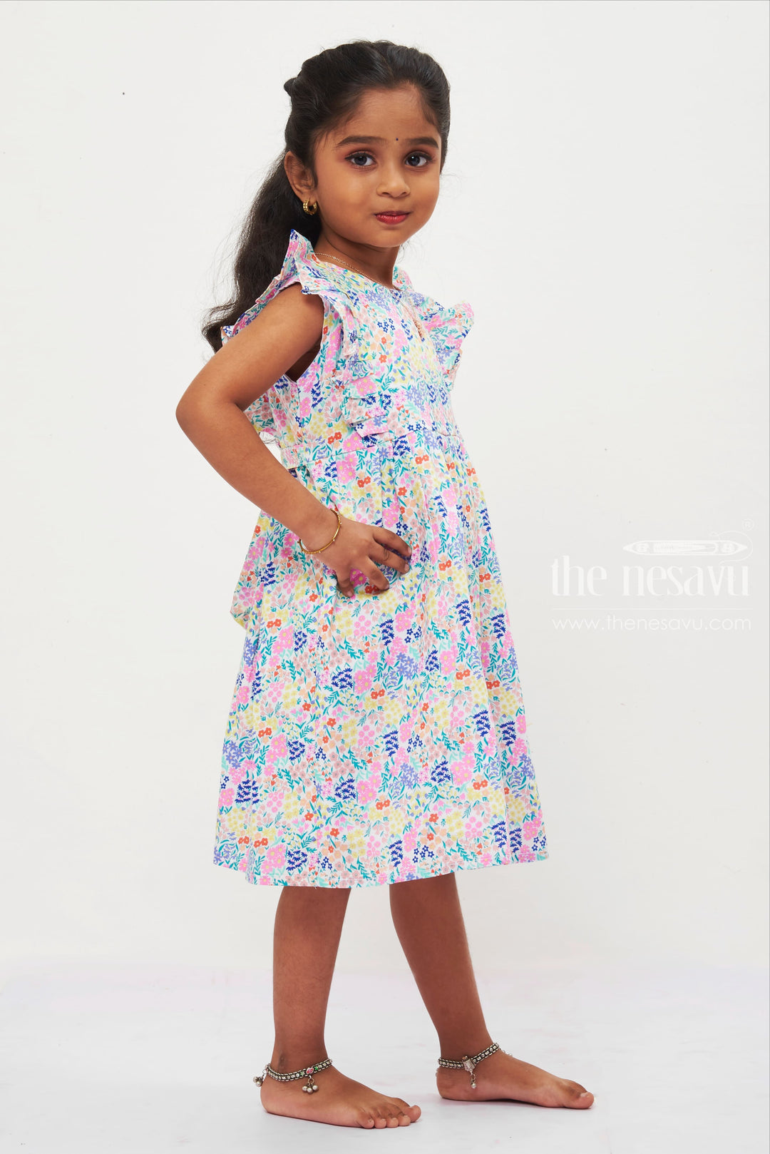 The Nesavu Girls Cotton Frock Girls' Spring Garden Pleated Dress - Frilled Yoke Cotton Frock with Knife Pleats Nesavu Vibrant Girls Floral Pleated Cotton Dress | Frilled Spring Frock | The Nesavu