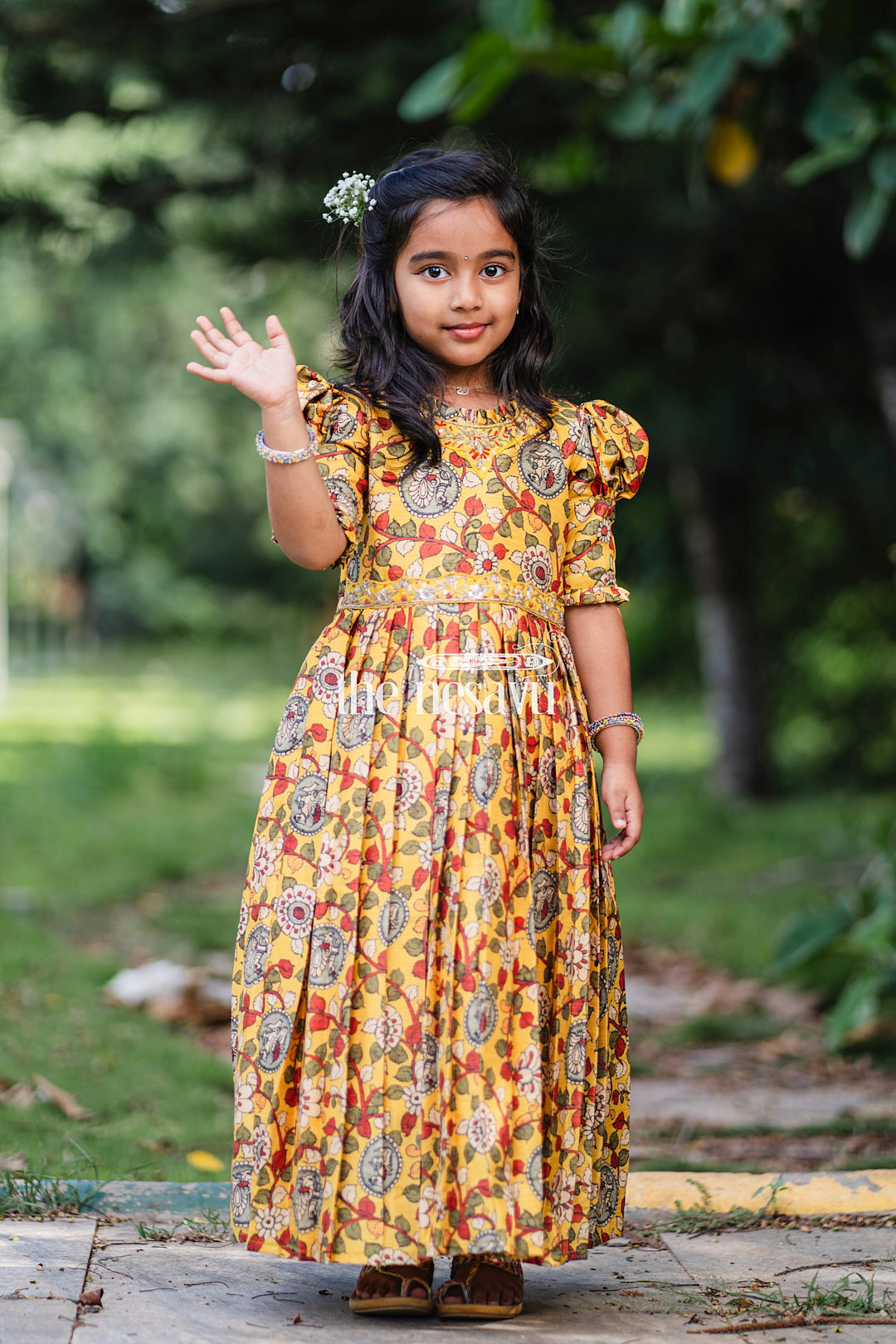 The Nesavu Girls Party Gown Girls Sunshine Yellow Kalamkari Printed Anarkali Dress with Embellished Neckline Nesavu Traditional Yellow Kalamkari Anarkali Dress for Festive Occasions | The Nesavu