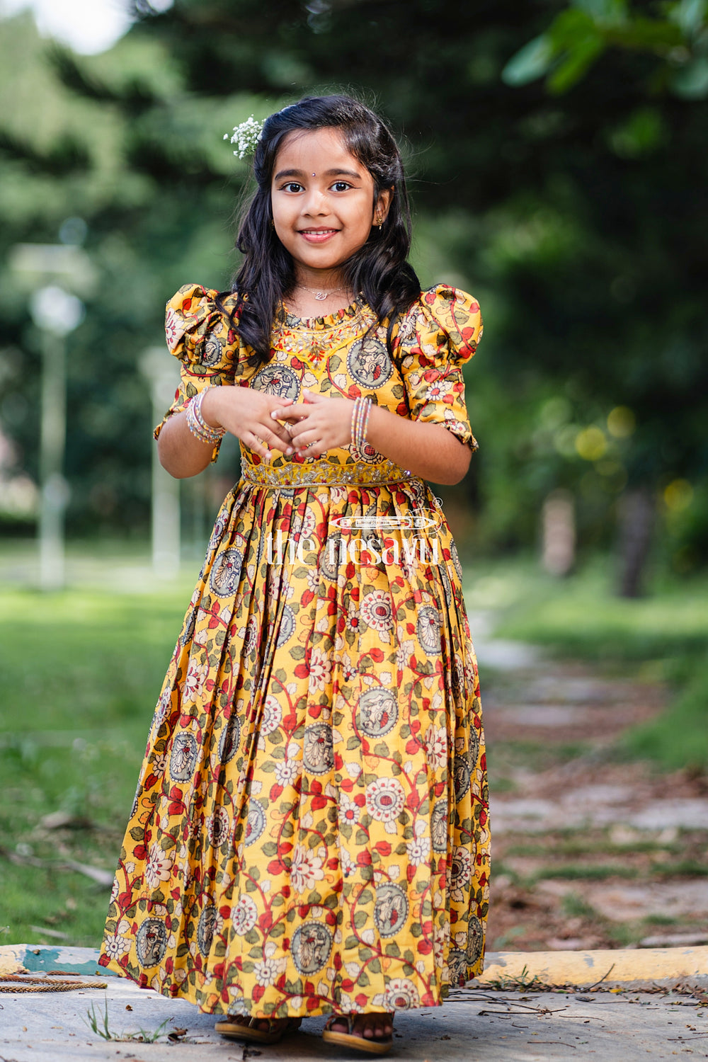 The Nesavu Girls Party Gown Girls Sunshine Yellow Kalamkari Printed Anarkali Dress with Embellished Neckline Nesavu Traditional Yellow Kalamkari Anarkali Dress for Festive Occasions | The Nesavu