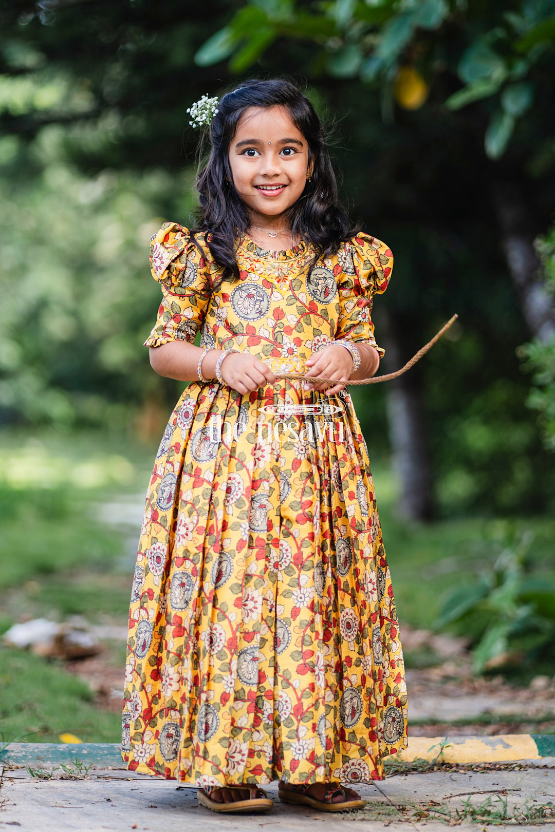 The Nesavu Girls Party Gown Girls Sunshine Yellow Kalamkari Printed Anarkali Dress with Embellished Neckline Nesavu Traditional Yellow Kalamkari Anarkali Dress for Festive Occasions | The Nesavu