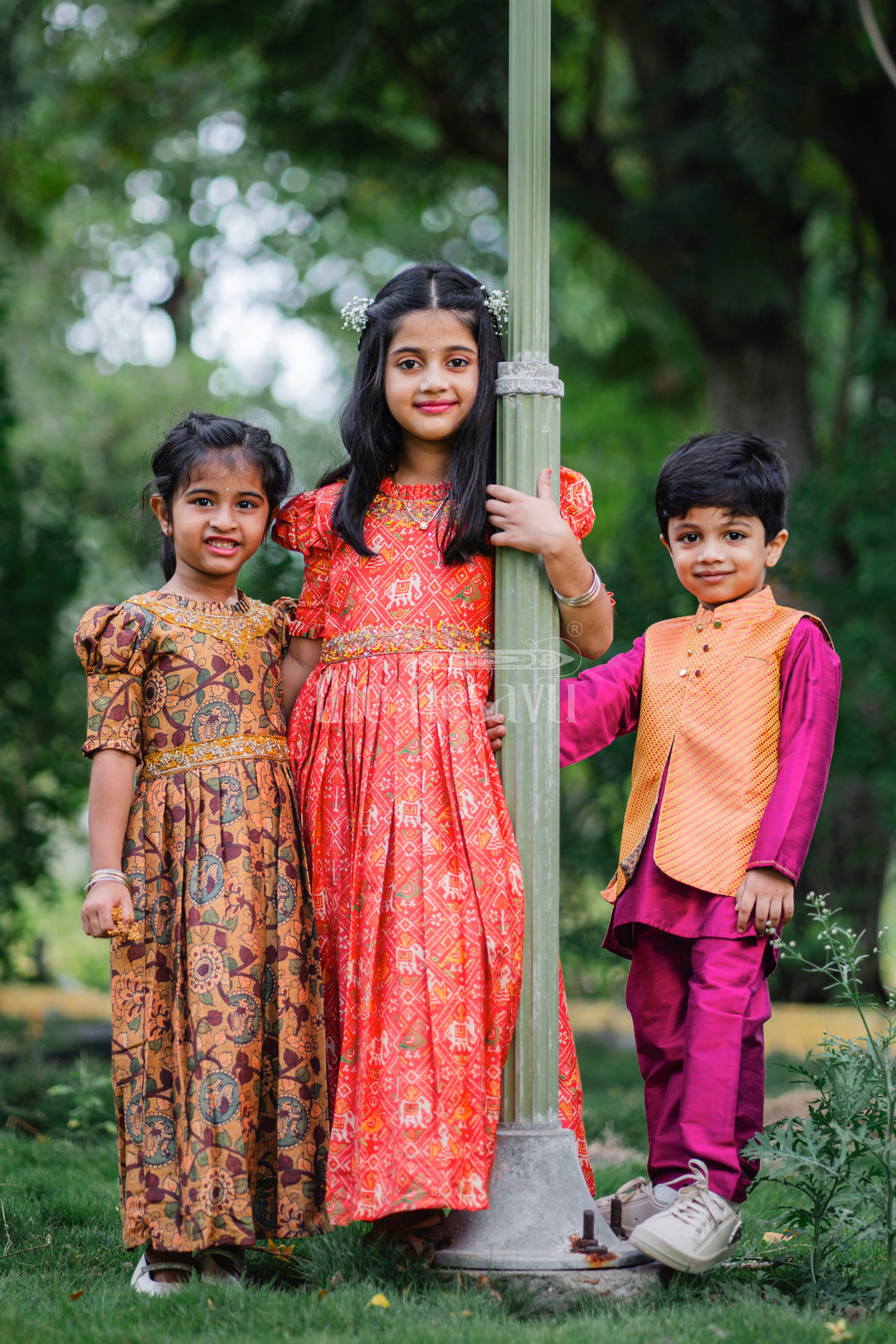 The Nesavu Girls Party Gown Girls Sunshine Yellow Kalamkari Printed Anarkali Dress with Embellished Neckline Nesavu Traditional Yellow Kalamkari Anarkali Dress for Festive Occasions | The Nesavu