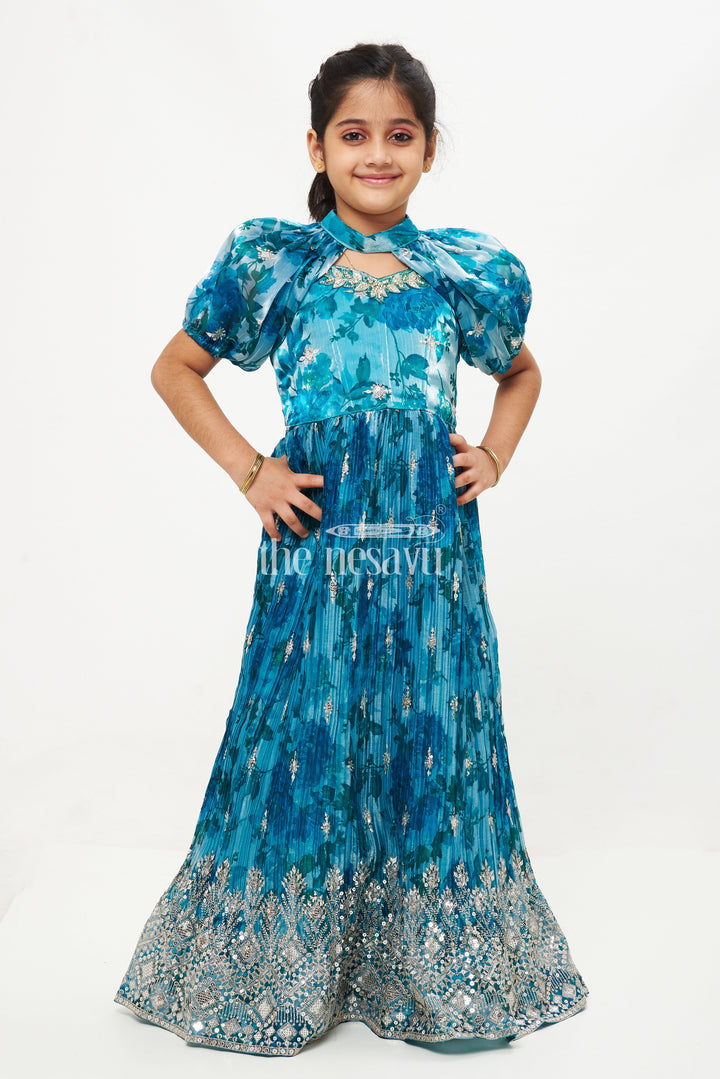 The Nesavu Girls Party Gown Girls' Teal Green Organza Silk Wedding Gown with Zari Embroidery Nesavu Girls' Teal Green Organza Silk Wedding Gown with Zari Embroidery - Festive Wear