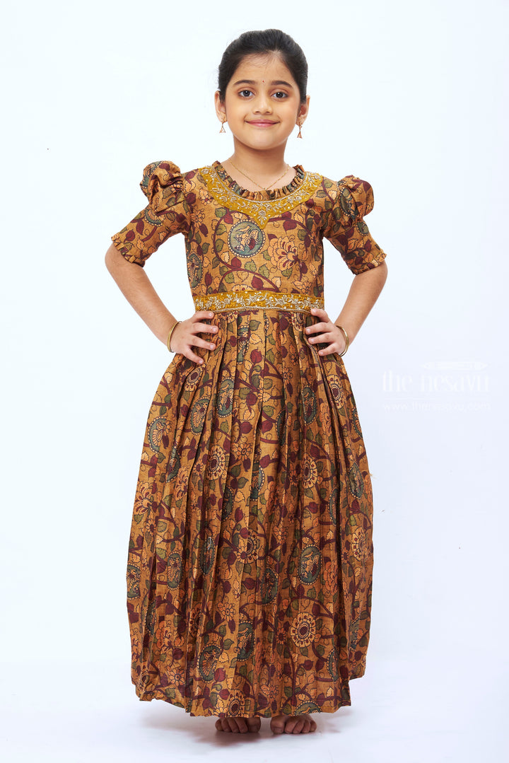 The Nesavu Girls Party Gown Girls Traditional Kalamkari Print Anarkali Gown in Earthy Yellow Tones Nesavu 16 (1Y) / Yellow / Blend Silk GA192A-16 Yellow Kalamkari Anarkali Gown for Girls | Traditional Long Dress | The Nesavu