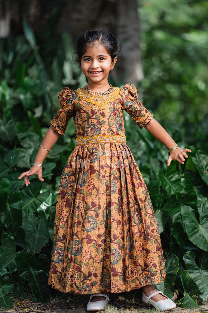 The Nesavu Girls Party Gown Girls Traditional Kalamkari Print Anarkali Gown in Earthy Yellow Tones Nesavu 16 (1Y) / Yellow / Blend Silk GA192A-16 Yellow Kalamkari Anarkali Gown for Girls | Traditional Long Dress | The Nesavu