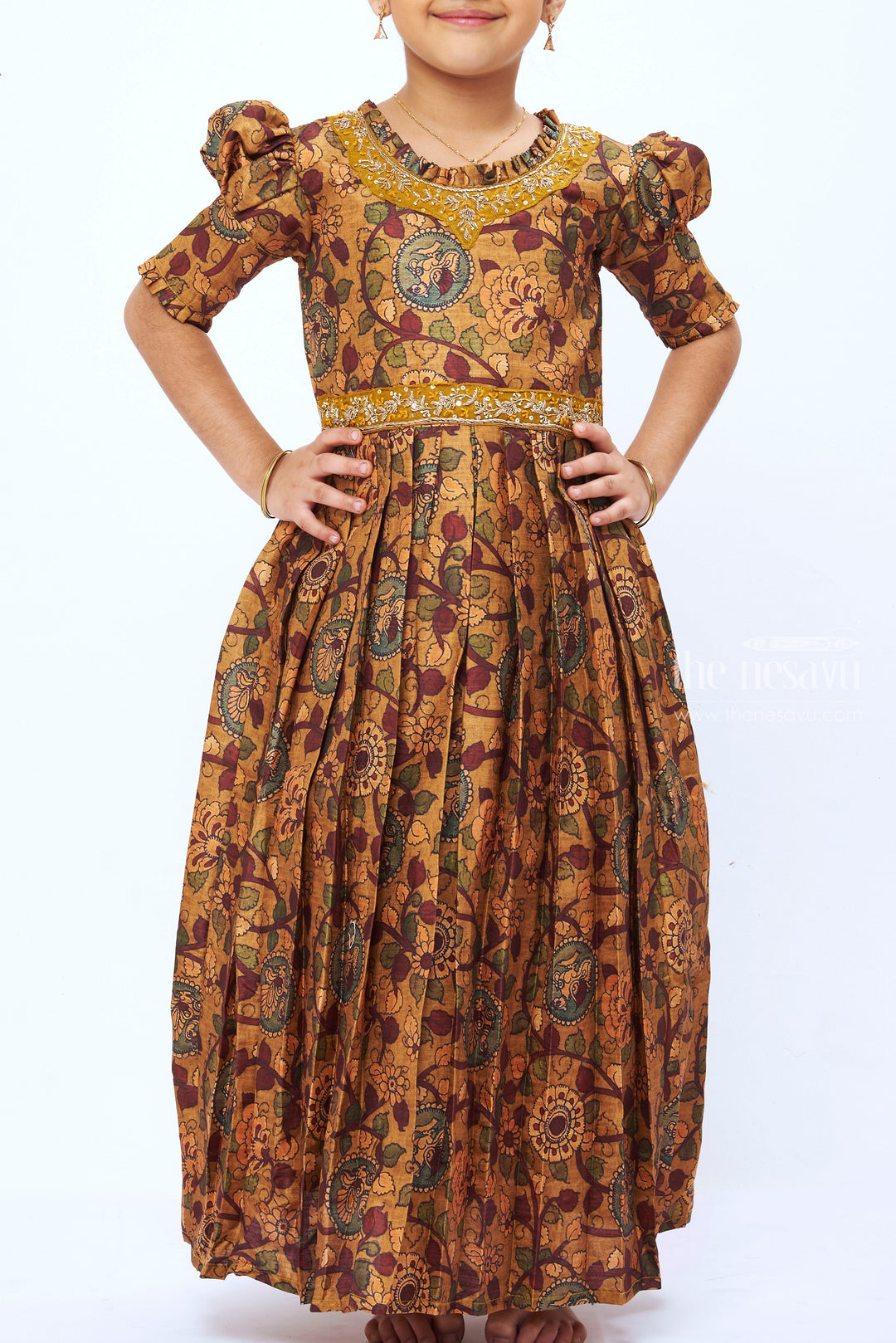 The Nesavu Girls Party Gown Girls Traditional Kalamkari Print Anarkali Gown in Earthy Yellow Tones Nesavu Yellow Kalamkari Anarkali Gown for Girls | Traditional Long Dress | The Nesavu