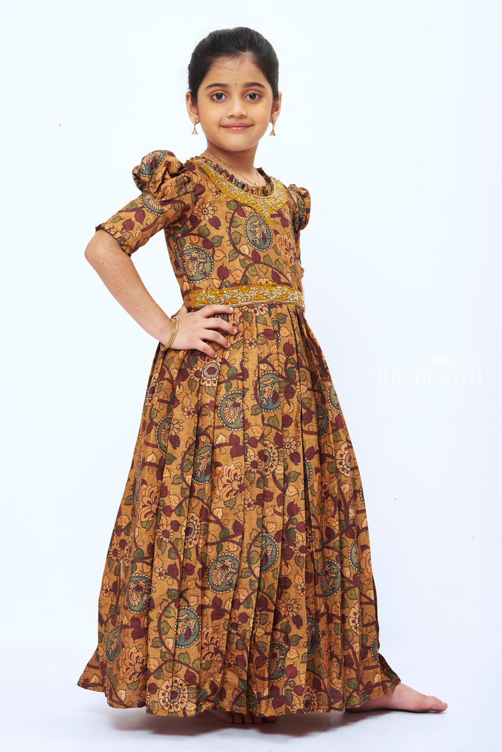 The Nesavu Girls Party Gown Girls Traditional Kalamkari Print Anarkali Gown in Earthy Yellow Tones Nesavu Yellow Kalamkari Anarkali Gown for Girls | Traditional Long Dress | The Nesavu