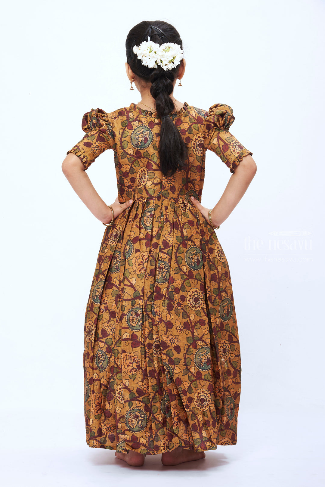 The Nesavu Girls Party Gown Girls Traditional Kalamkari Print Anarkali Gown in Earthy Yellow Tones Nesavu Yellow Kalamkari Anarkali Gown for Girls | Traditional Long Dress | The Nesavu