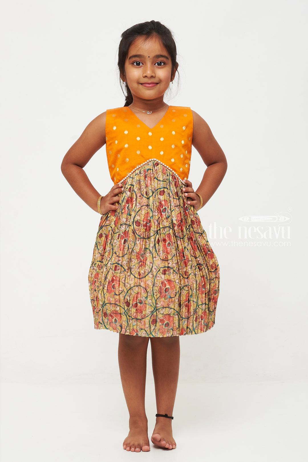 The Nesavu Silk Frock Girls Vibrant Polka Dot and Floral Silk Frock Nesavu 14 (6M) / Orange / Style 2 SF769B-14 Buy Girls Silk Frock with Polka Dots and Floral Design | Colorful Party Dress for Kids | The Nesavu