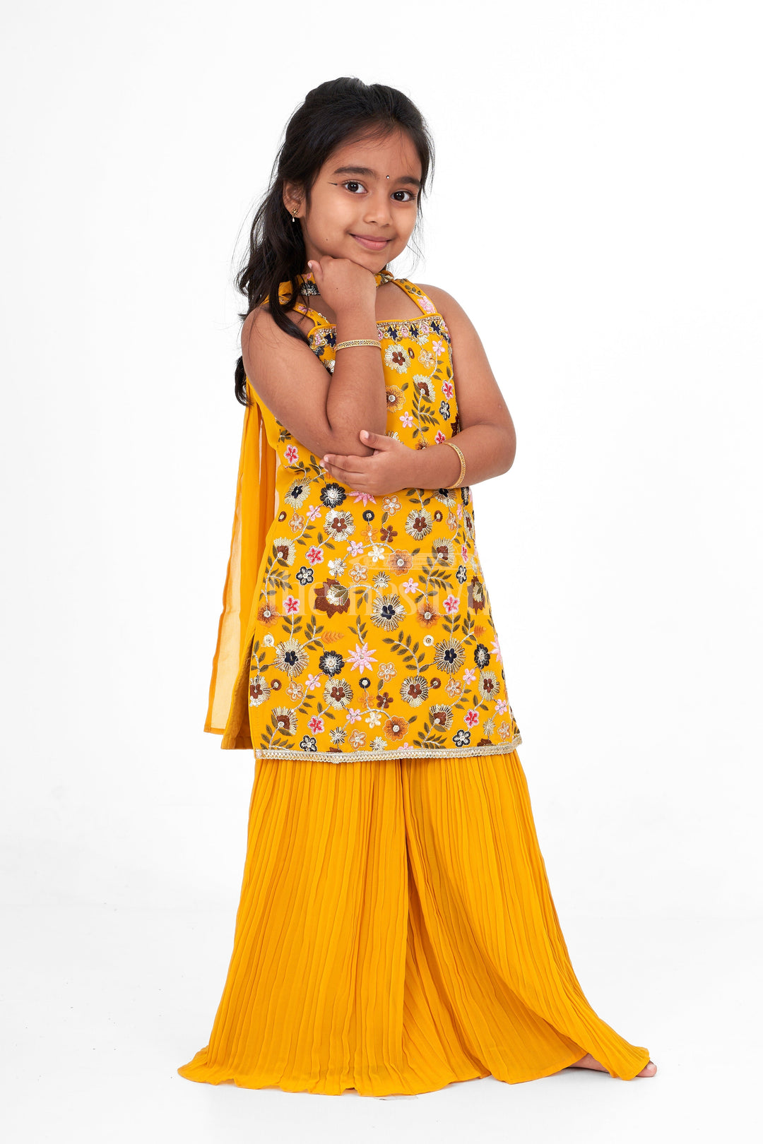 The Nesavu Girls Sharara / Plazo Set Girls Wedding Sharara Set in Georgette Embroidery Fabric with Floral Embellishments and Dupatta Nesavu 18 (2Y) / Yellow GPS477A-18 Nesavu Girls Wedding Sharara Set Georgette Floral Embroidery Dupatta Weddings Celebrations