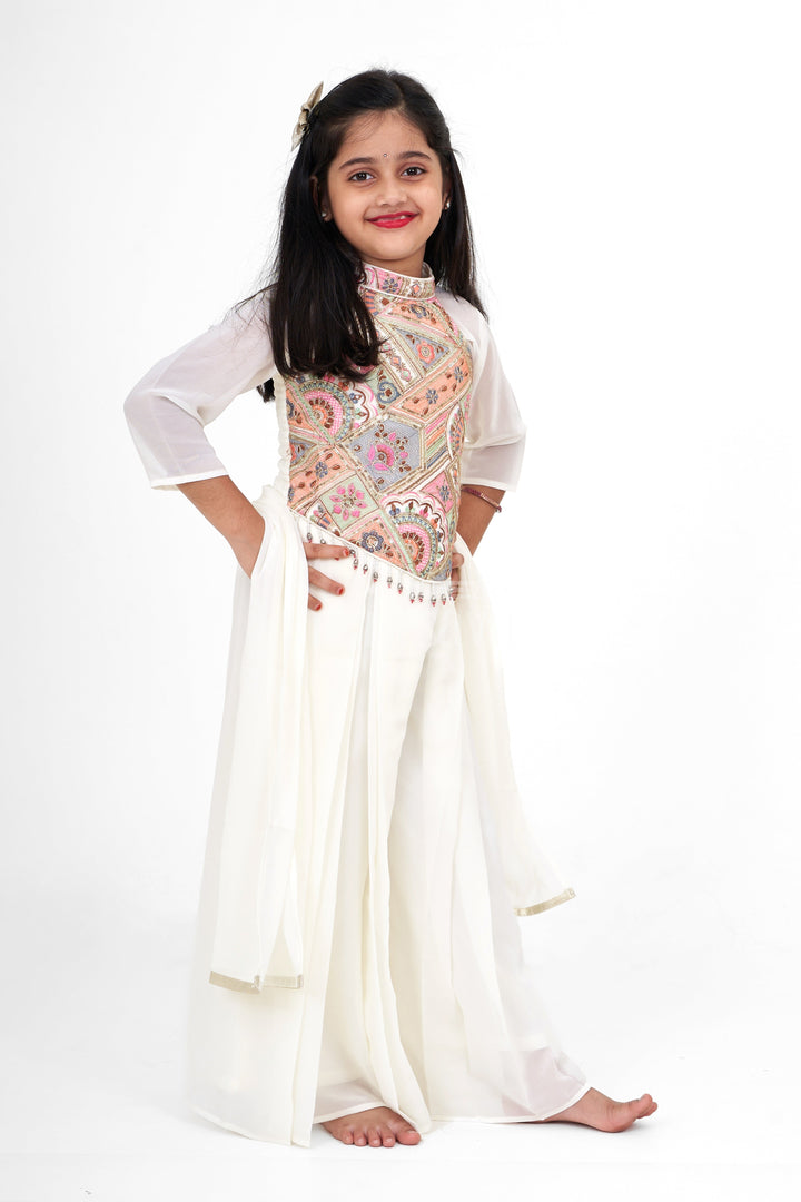 The Nesavu Girls Sharara / Plazo Set Girls White Georgette Embroidered Sharara Plazo Set with Halter Neck Sharara Clothes Nesavu Girls White Georgette Embroidered Sharara Plazo Set Nesavu Stylish Sharara Clothes Festive Occasions