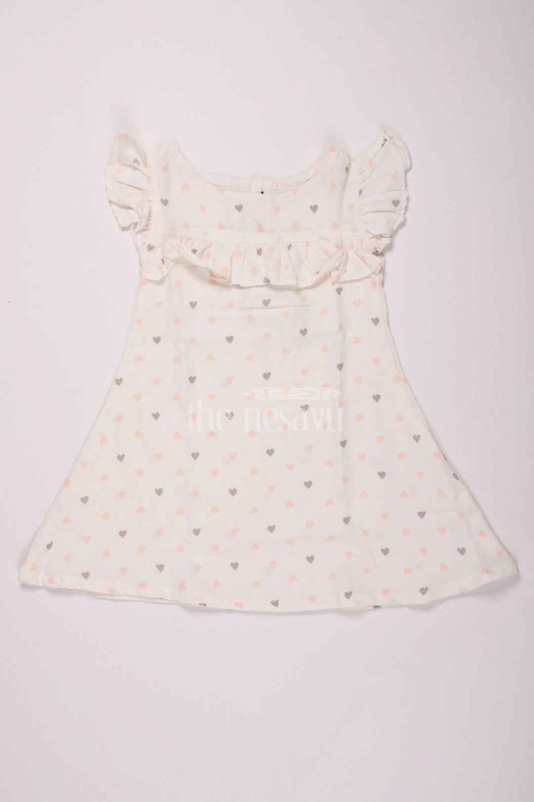 The Nesavu Girls Cotton Frock Girls White Muslin Cotton Christmas Dress with Heart Print and Ruffle Details Nesavu 16 (1Y) / White GFC1468A-16 Nesavu Girls White Muslin Cotton Christmas Dress Heart Print Ruffles