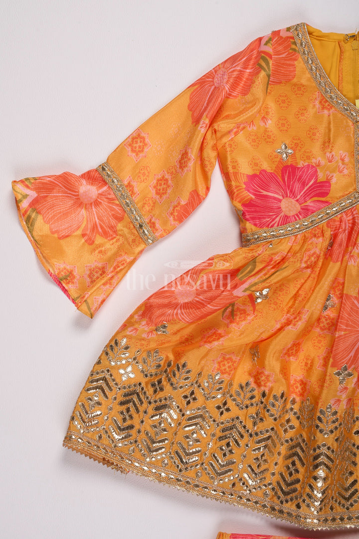 The Nesavu Girls Sharara / Plazo Set Girls Yellow Chinon Silk Sharara Set with Floral Print and Flared Sleeves for Festive Celebrations Nesavu Nesavu Girls Yellow Chinon Silk Sharara Set Flared Sleeves Floral Print Festive Occasions