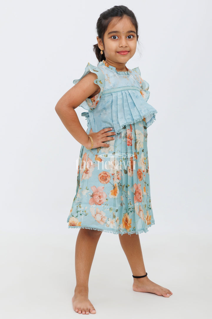 The Nesavu Girls Fancy Frock Girls Yellow Floral Printed Frock with Pleated Skirt Nesavu Nesavu Girls Floral Yellow Frock Lace Details Pleated Skirt