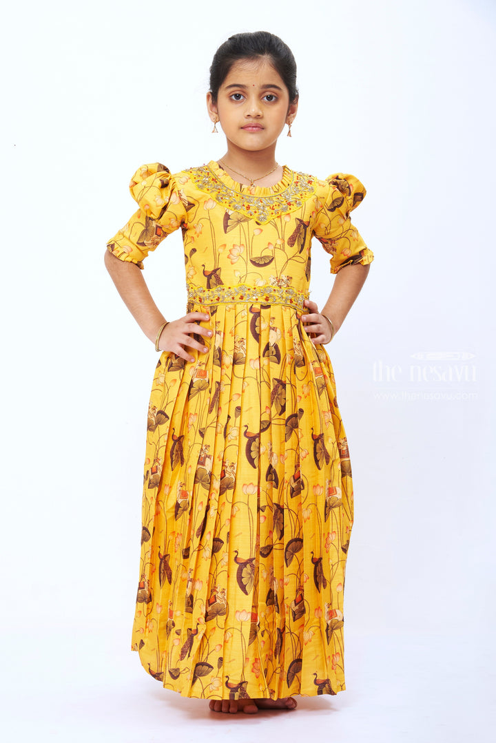 The Nesavu Girls Party Gown Girls Yellow Kalamkari Print Anarkali Gown with Embellished Neckline Nesavu 16 (1Y) / Yellow / Blend Silk GA194B-16 Girls' Festive Goldenrod Kalamkari Anarkali Gown | The Nesavu