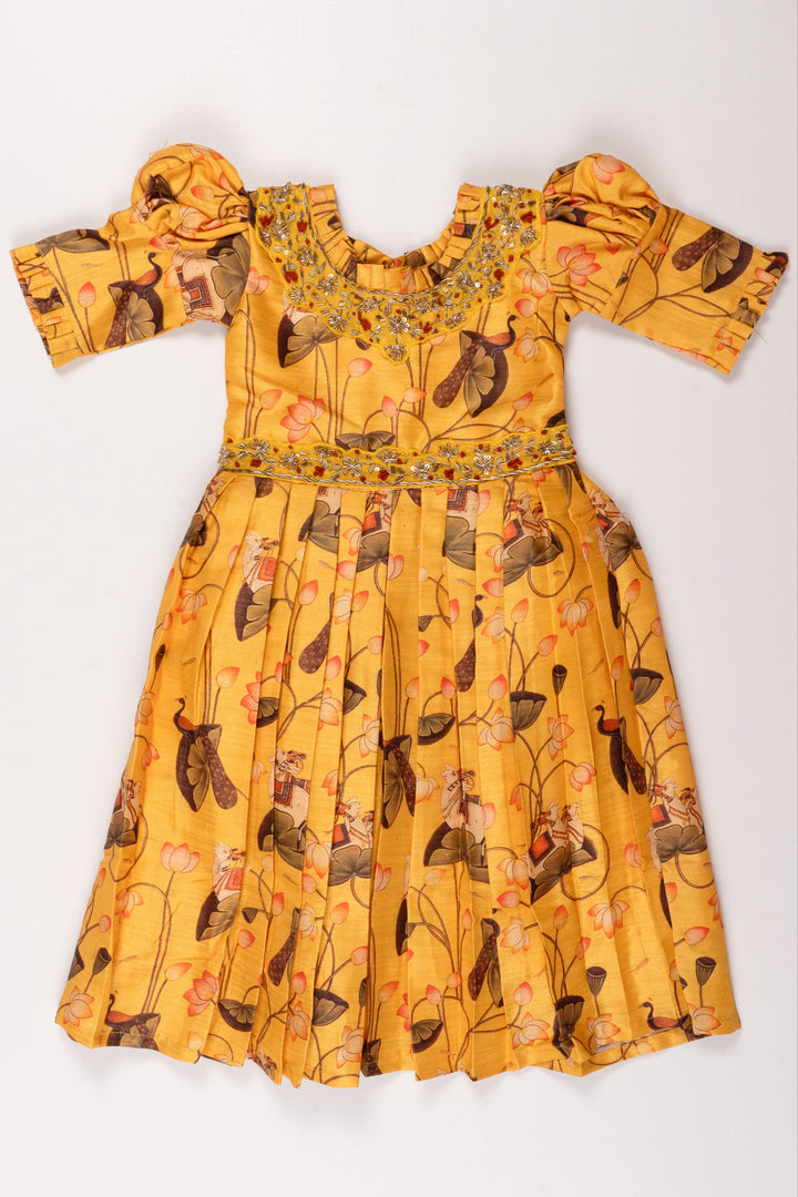 The Nesavu Girls Party Gown Girls Yellow Kalamkari Print Anarkali Gown with Embellished Neckline Nesavu 16 (1Y) / Yellow / Blend Silk GA194B-16 Girls' Festive Goldenrod Kalamkari Anarkali Gown | The Nesavu