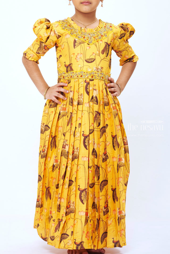 The Nesavu Girls Party Gown Girls Yellow Kalamkari Print Anarkali Gown with Embellished Neckline Nesavu Girls' Festive Goldenrod Kalamkari Anarkali Gown | The Nesavu