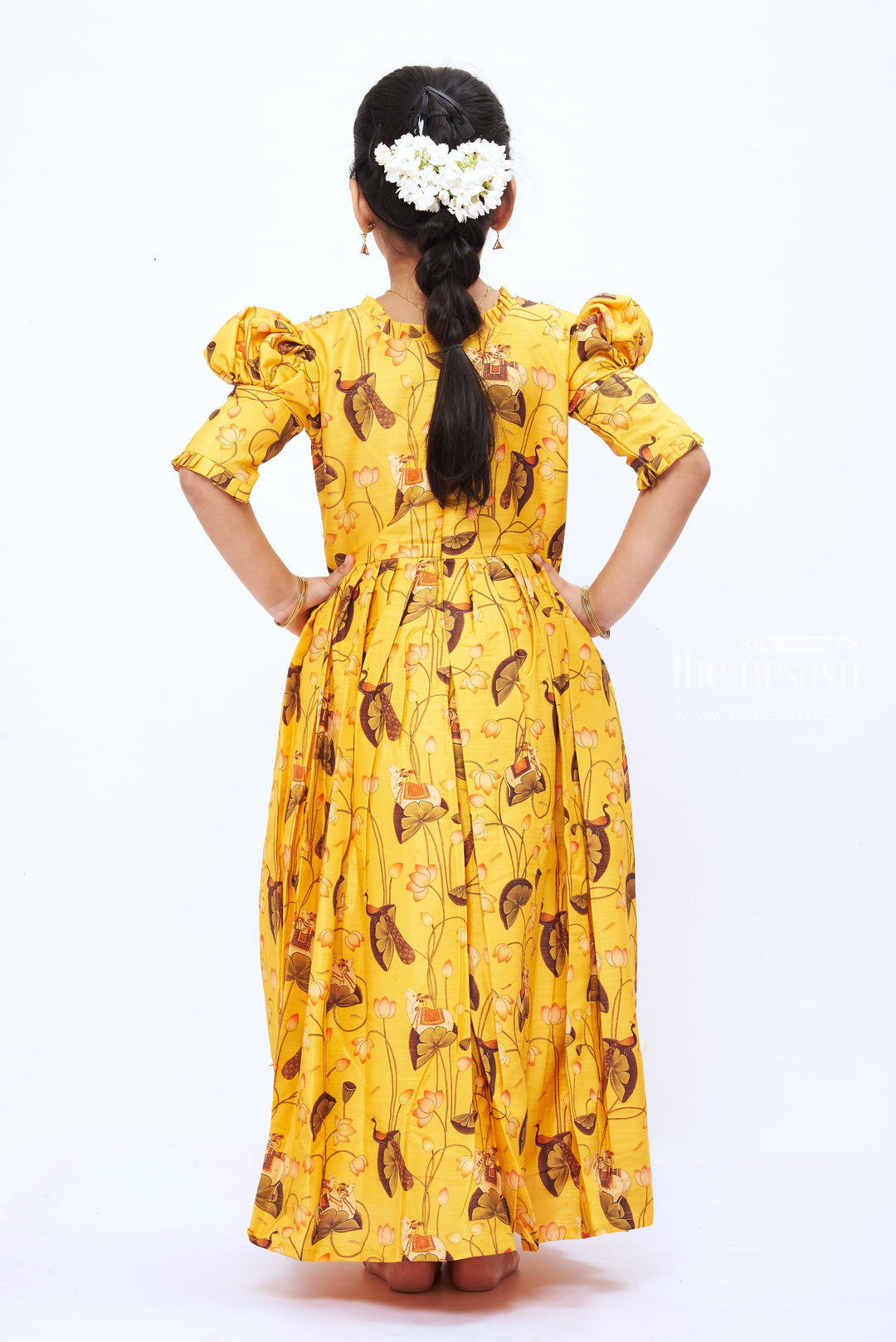 The Nesavu Girls Party Gown Girls Yellow Kalamkari Print Anarkali Gown with Embellished Neckline Nesavu Girls' Festive Goldenrod Kalamkari Anarkali Gown | The Nesavu