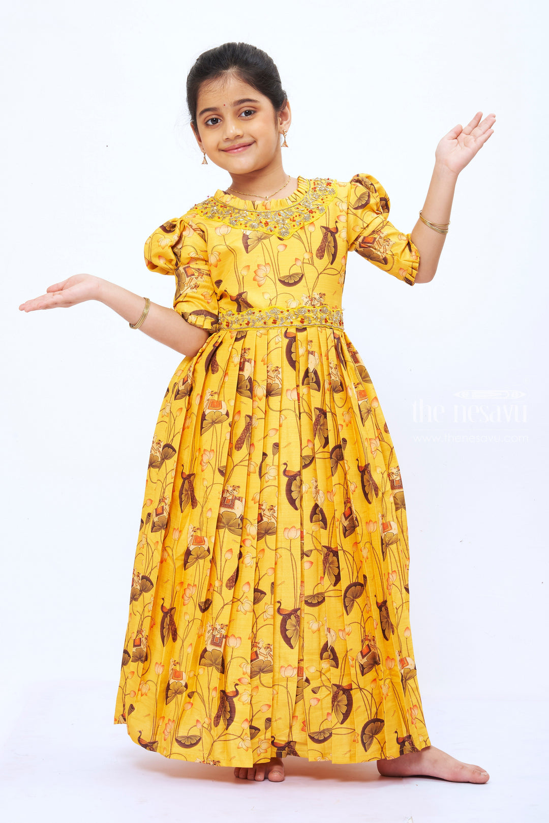 The Nesavu Girls Party Gown Girls Yellow Kalamkari Print Anarkali Gown with Embellished Neckline Nesavu Girls' Festive Goldenrod Kalamkari Anarkali Gown | The Nesavu