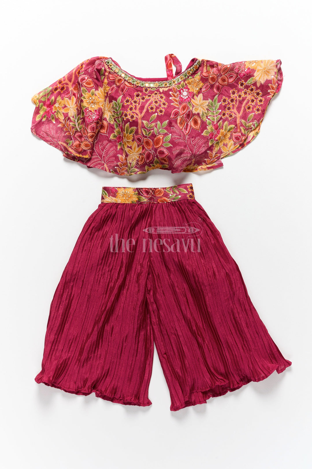 The Nesavu Girls Sharara / Plazo Set Girls Yellow Sharara Set in Georgette with Floral Printed Blouse Nesavu 16 (1Y) / Yellow GPS492A-16 Nesavu Girls Yellow Sharara Set Georgette Floral Printed Blouse