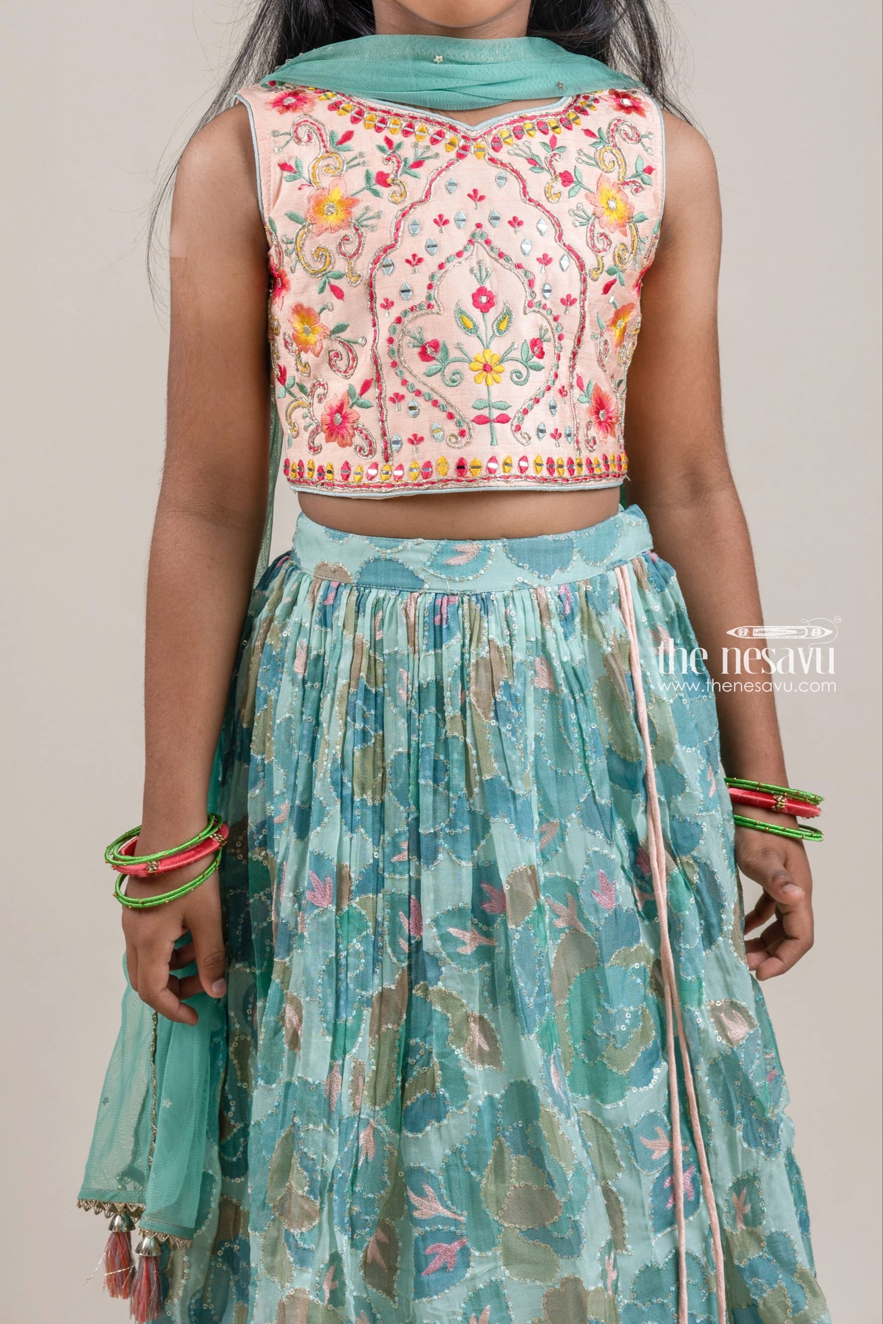 Cream Mirror and Thread work with Floral Print Lehenga Choli for Girls –  Seasons Chennai