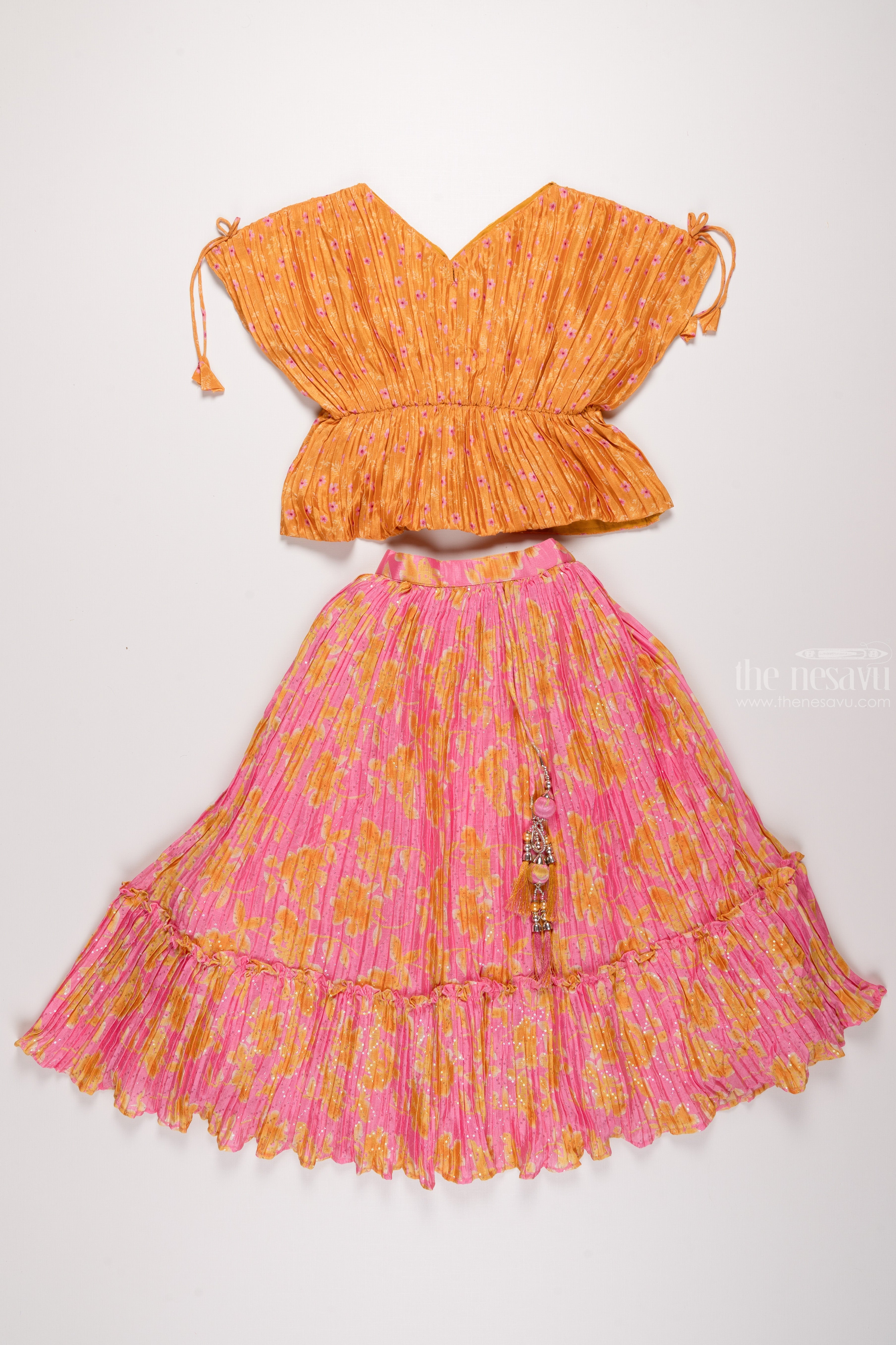 Buy Peach Organza Poncho Style Top With Organza Floral Print Fusion Lehenga  by Designer SCAKHI for Women online at Kaarimarket.com