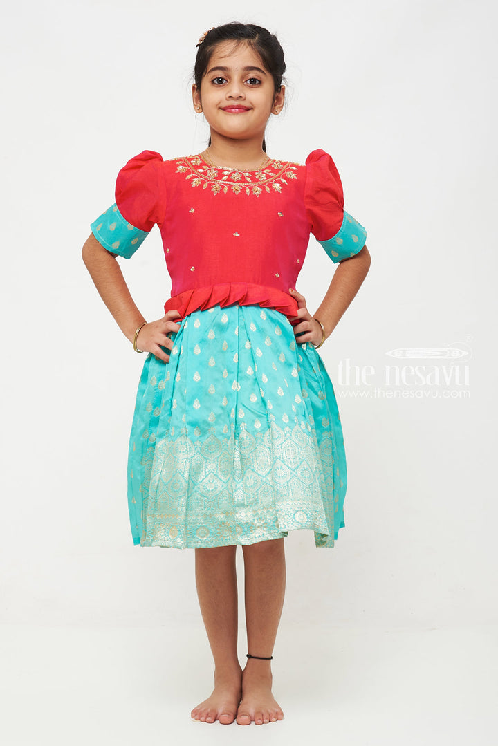 The Nesavu Silk Party Frock Gold-Embellished Silk Frock for Girls: Vibrant Fuchsia and Teal Celebration Wear Nesavu Gold Embellished Festive Dress | Elegant Childrens Celebration Wear | The Nesavu