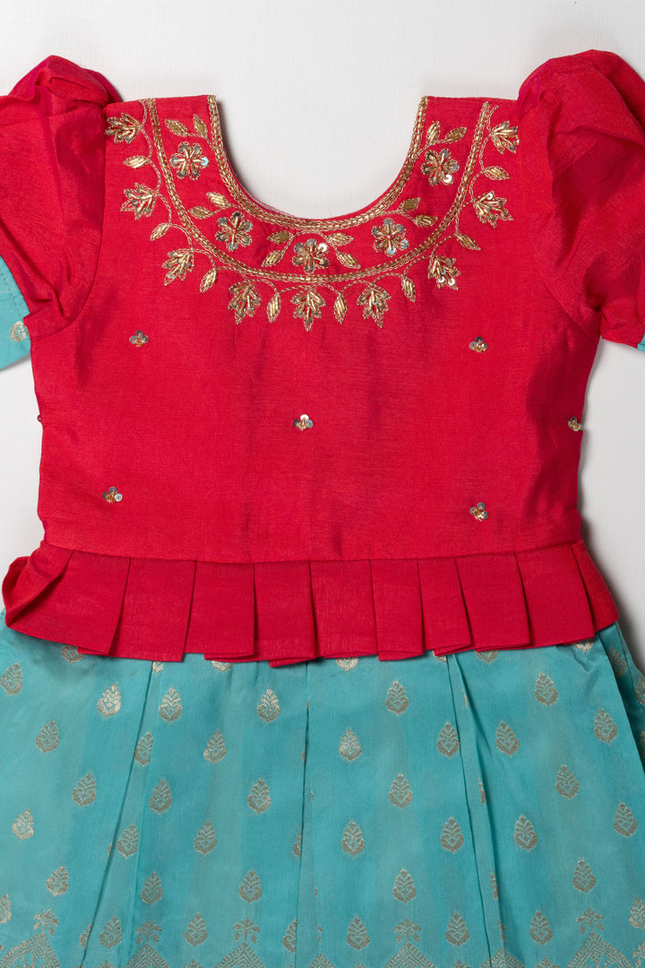 The Nesavu Silk Party Frock Gold-Embellished Silk Frock for Girls: Vibrant Fuchsia and Teal Celebration Wear Nesavu Gold Embellished Festive Dress | Elegant Childrens Celebration Wear | The Nesavu