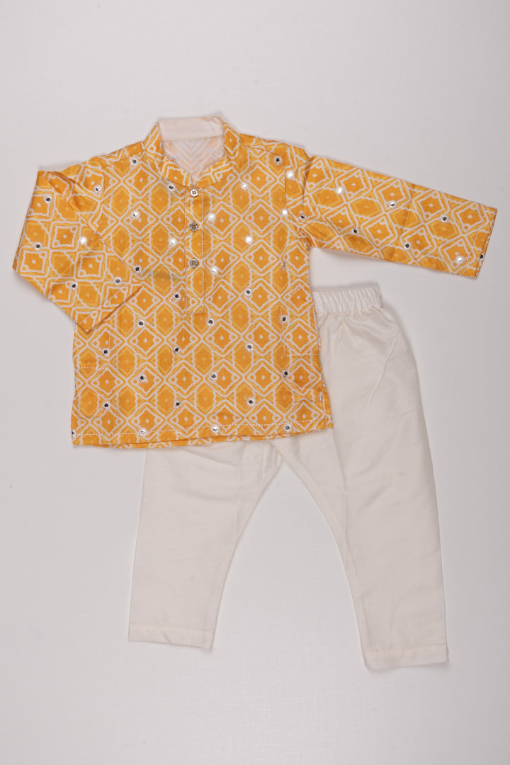 The Nesavu Boys Kurtha Set Golden Glory: Mirror-Embroidered Geometric Printed Yellow Kurta Shirt & Pant Set for Boys Nesavu 14 (6M) / Yellow / Silk Blend BES400B-14 Kids Kurta and Pant Set | Authentic Indian Boys Wear | The Nesavu