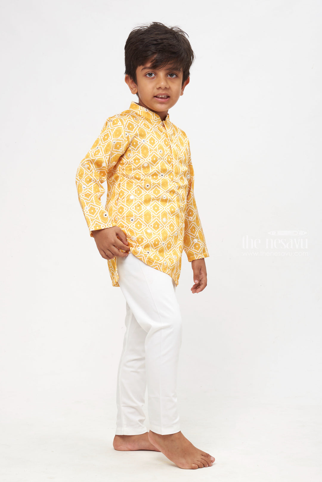 The Nesavu Boys Kurtha Set Golden Glory: Mirror-Embroidered Geometric Printed Yellow Kurta Shirt & Pant Set for Boys Nesavu Kids Kurta and Pant Set | Authentic Indian Boys Wear | The Nesavu