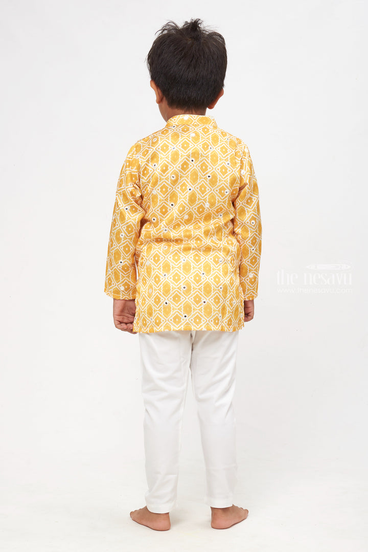 The Nesavu Boys Kurtha Set Golden Glory: Mirror-Embroidered Geometric Printed Yellow Kurta Shirt & Pant Set for Boys Nesavu Kids Kurta and Pant Set | Authentic Indian Boys Wear | The Nesavu