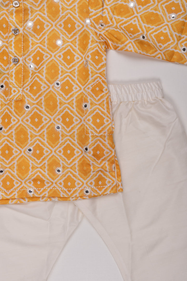 The Nesavu Boys Kurtha Set Golden Glory: Mirror-Embroidered Geometric Printed Yellow Kurta Shirt & Pant Set for Boys Nesavu Kids Kurta and Pant Set | Authentic Indian Boys Wear | The Nesavu