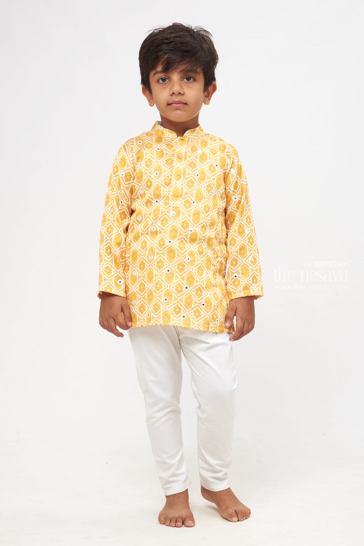 The Nesavu Boys Kurtha Set Golden Glory: Mirror-Embroidered Geometric Printed Yellow Kurta Shirt & Pant Set for Boys Nesavu Kids Kurta and Pant Set | Authentic Indian Boys Wear | The Nesavu