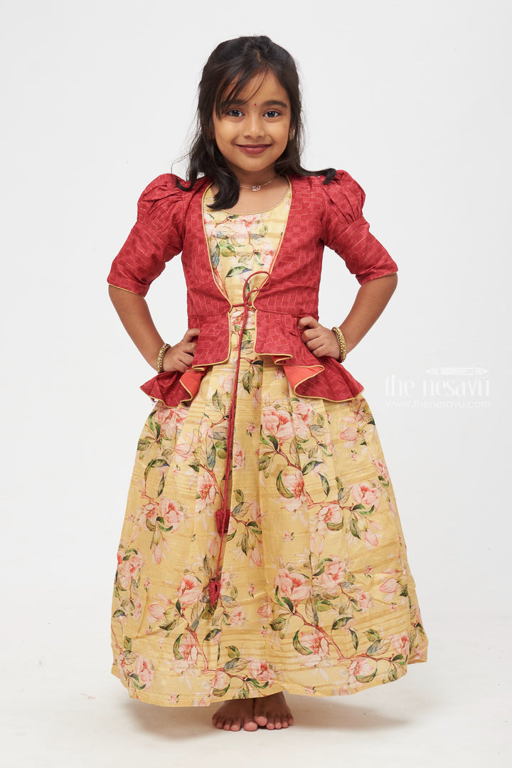 The Nesavu Girls Silk Gown Golden Radiance: Children's Anarkali Gown with Maroon Peplum Jacket Nesavu 16 (1Y) / Yellow / Silk Blend GA180E-16 The Ultimate Fusion | Anarkali with Overcoat Ensemble | The Nesavu