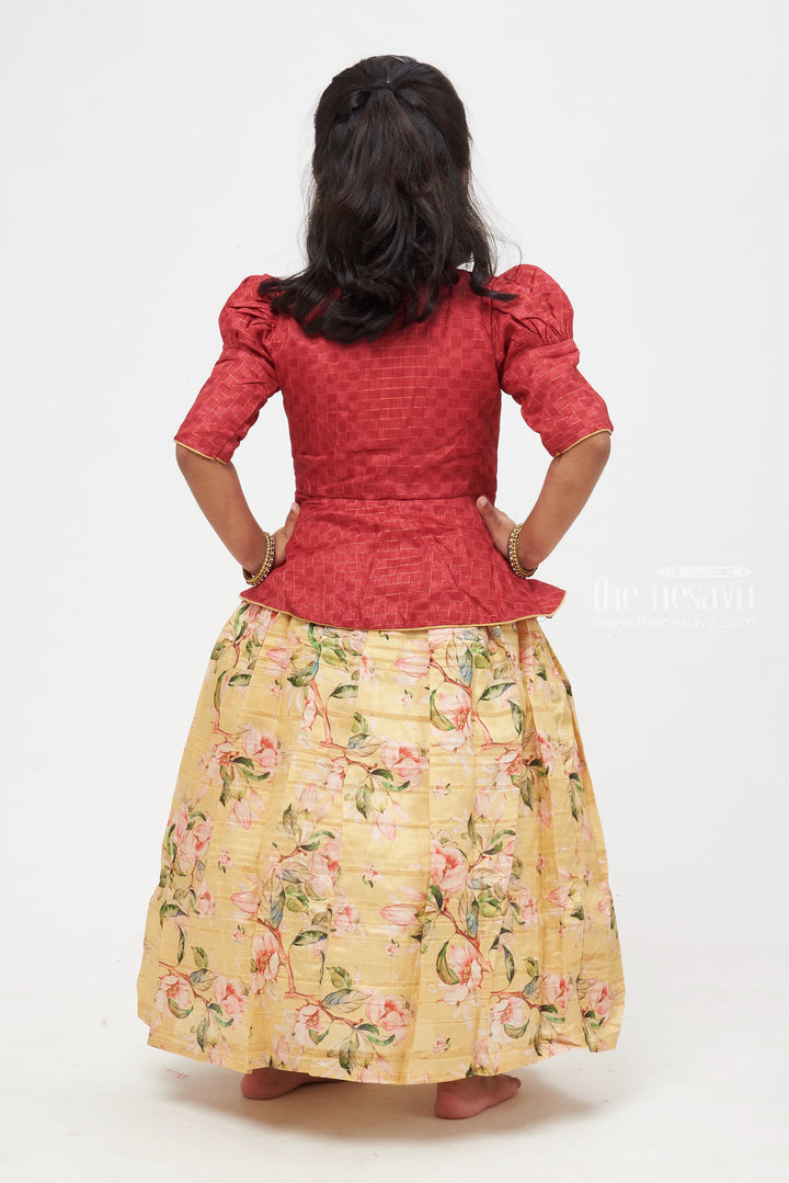 The Nesavu Girls Silk Gown Golden Radiance: Children's Anarkali Gown with Maroon Peplum Jacket Nesavu The Ultimate Fusion | Anarkali with Overcoat Ensemble | The Nesavu