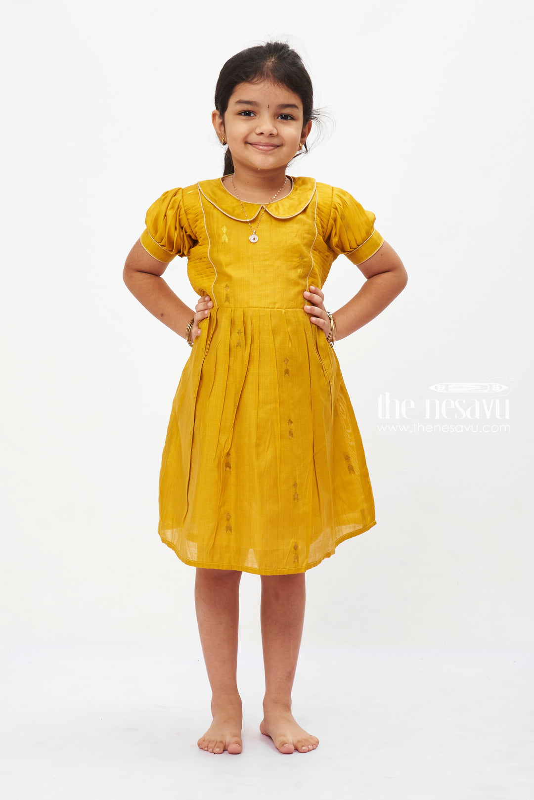 The Nesavu Girls Cotton Frock Golden Sunshine Puff Sleeve Dress: Girls' Mustard Yellow Frock with Shimmer Accents Nesavu 14 (6M) / Yellow GFC1206C-14 Vibrant Mustard Yellow Girls Dress with Puff Sleeves | Shimmering Party Frock | The Nesavu