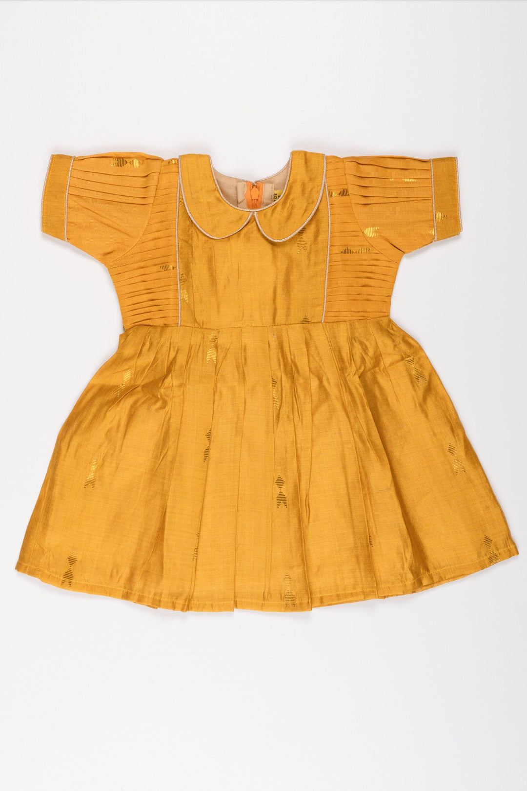 The Nesavu Girls Cotton Frock Golden Sunshine Puff Sleeve Dress: Girls' Mustard Yellow Frock with Shimmer Accents Nesavu 14 (6M) / Yellow GFC1206C-14 Vibrant Mustard Yellow Girls Dress with Puff Sleeves | Shimmering Party Frock | The Nesavu