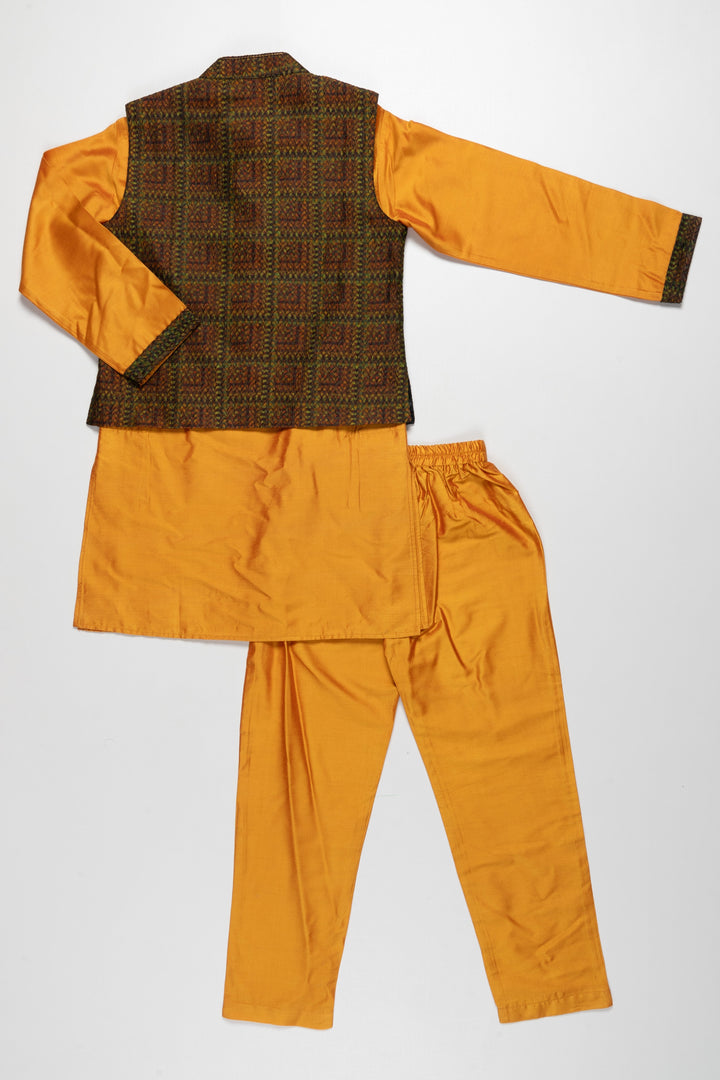 The Nesavu Boys Jacket Sets Golden Yellow Kurta with Brocade Overcoat and Pants Set for Kids Nesavu Yellow Kurta with Brocade Overcoat and Pants Set for Kids | Regal Traditional Wear | The Nesavu