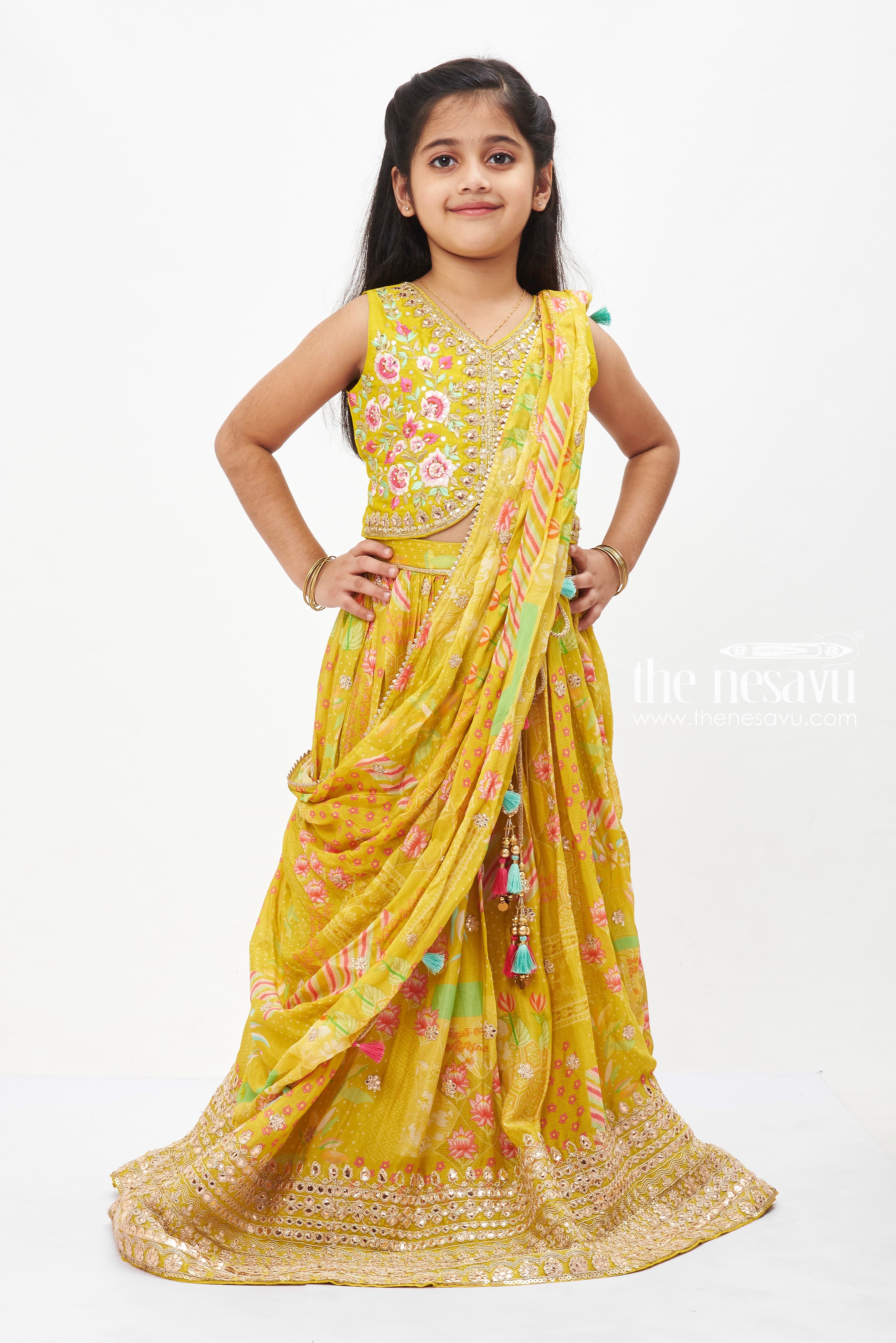 Shop Kids Girls Pink Georgette Embroidered N Yellow Net Lehenga Festive  Wear Online at Best Price | Cbazaar
