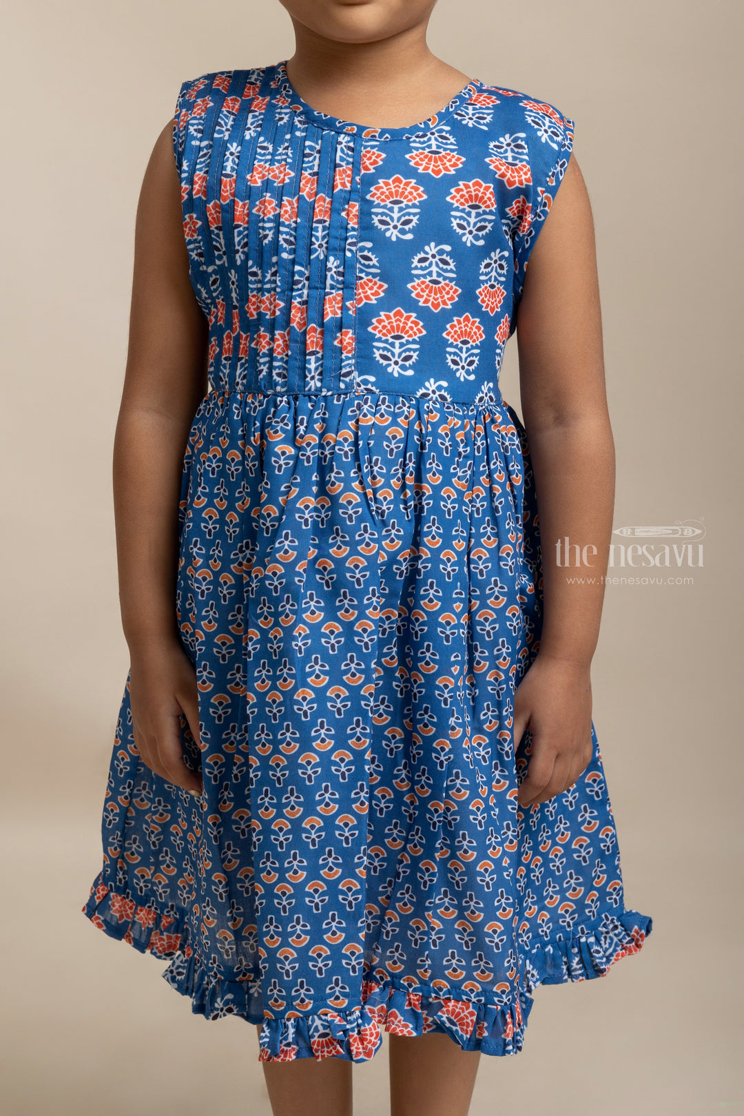 The Nesavu Girls Fancy Frock Gorgeous Blue Pleated Yoke With Floral Printed Sleeveless Cotton Frock For Girls Nesavu Pretty Floral Printed Cotton Frock For Girls | Trendy Cotton Frocks | The Nesavu