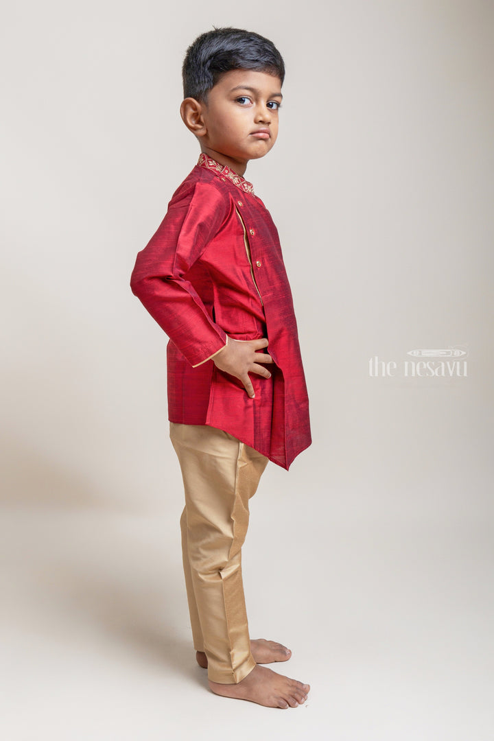 The Nesavu Boys Kurtha Set Gorgeous Cherry Red Floral Embroidered Neck Kurta With Contrast Beige Pant For Boys Nesavu 12 (3M) / Red / Semi Silk BES315C-12 Ethnic Wear For Boys | Red Kurta Set For Boys | The Nesavu