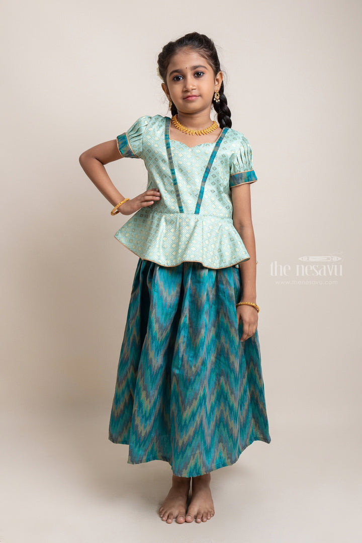 The Nesavu Pattu Pavadai Gorgeous Green Floral Designed Silk Blouse With Ziz-Zag Printed Pattu Pavadai For Girls Nesavu Traditional Wear For Girls | Latest Pattu Pavadai | The Nesavu