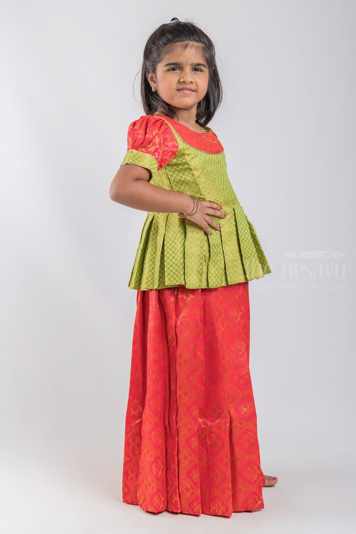 The Nesavu Pattu Pavadai Gorgeous Green Floral Designer Pleated Blouse And Red Pleated Silk Skirt For Girls psr silks Nesavu